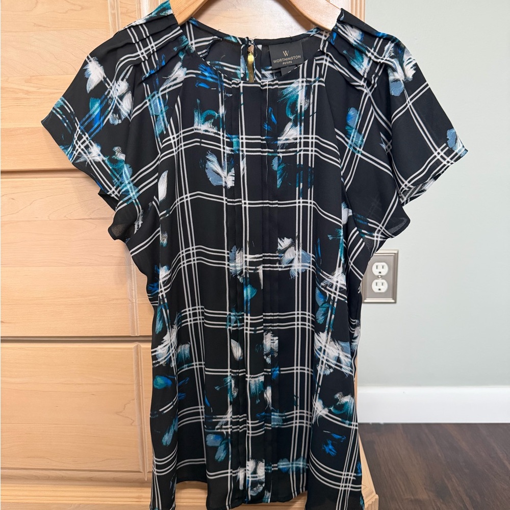 Women's Black and Blue Plaid Blouse